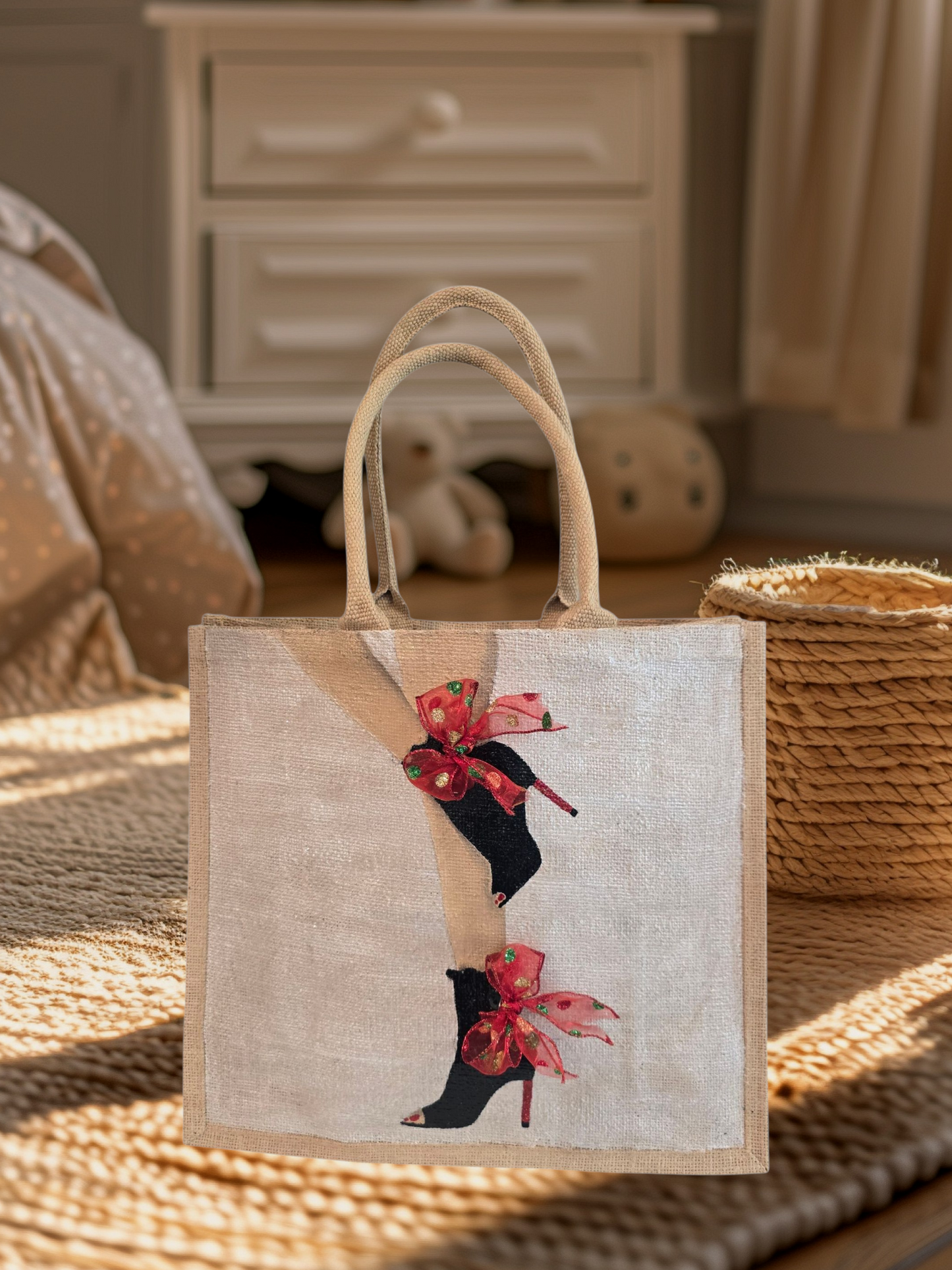 Kicking Up Her Heels Tote Bag, woman legs with black booties and red multicolored ribbon