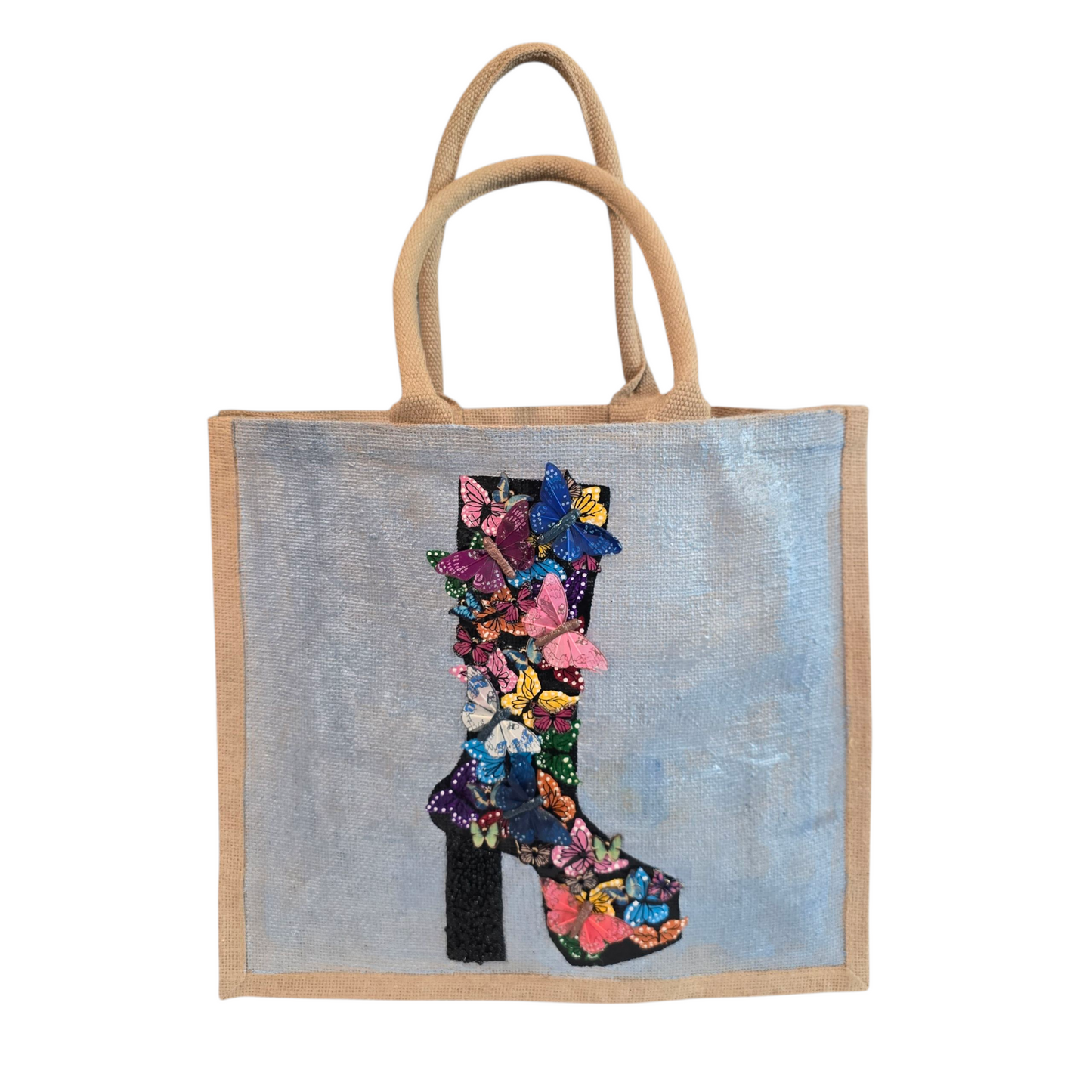 Wings of Style Butterfly Boot Tote Bag.  Black boot covered in 3D butterflies. and beaded heel.