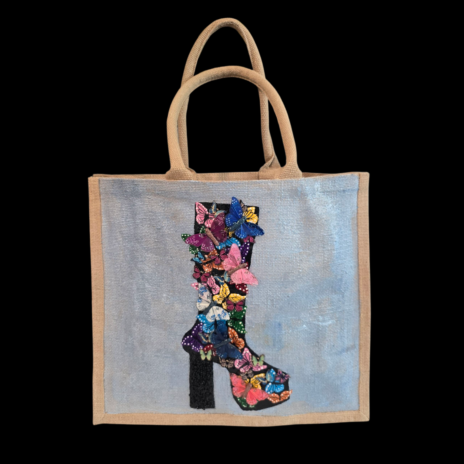 Wings of Style Butterfly Boot Tote Bag.  Black boot covered in 3D butterflies. and beaded heel.