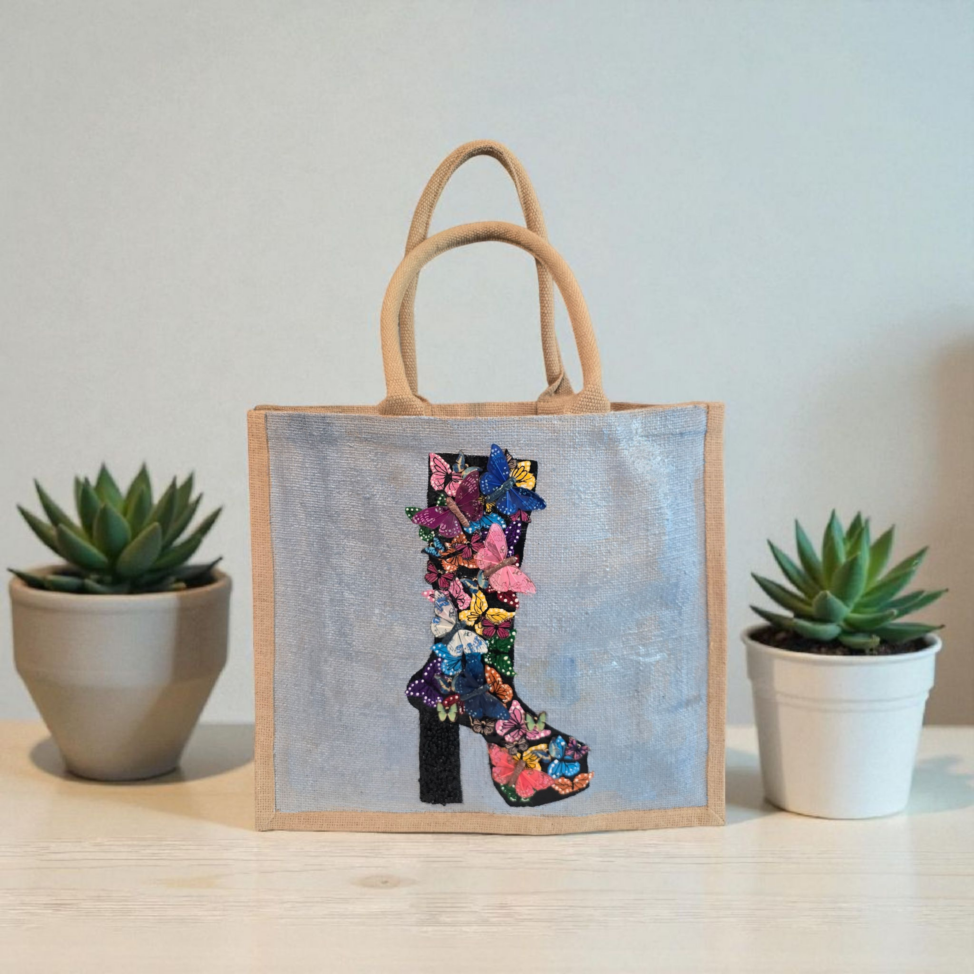 Wings of Style Butterfly Boot Tote Bag.  Black boot covered in 3D butterflies. and beaded heel.