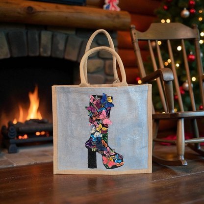 Wings of Style Butterfly Boot Tote Bag.  Black boot covered in 3D butterflies. and beaded heel.