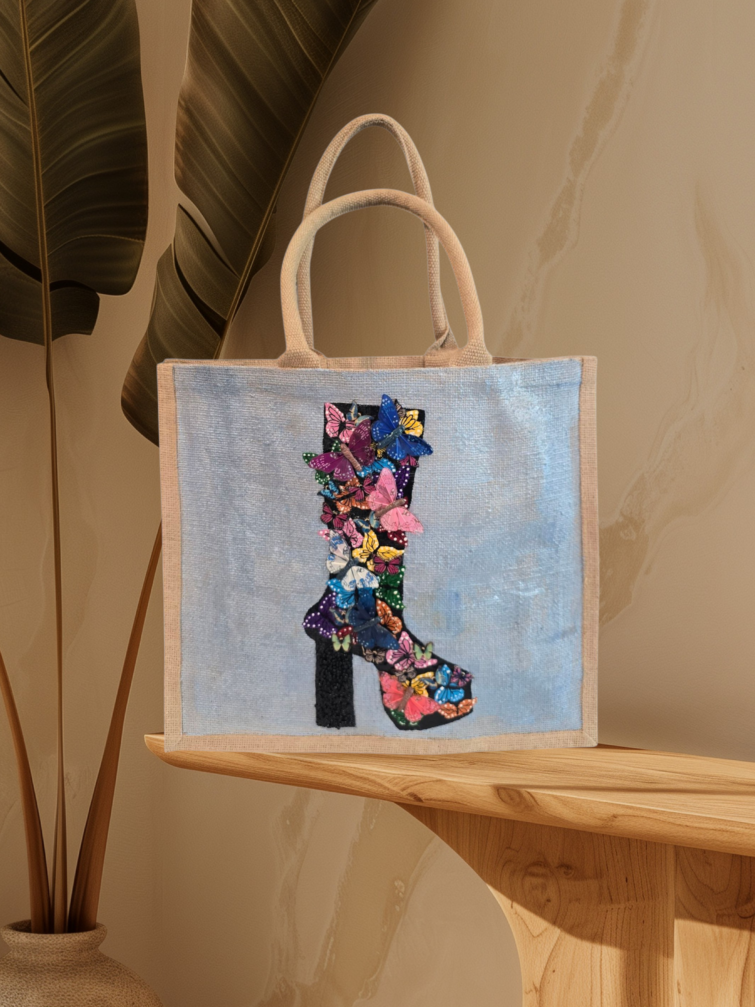 Wings of Style Butterfly Boot Tote Bag.  Black boot covered in 3D butterflies. and beaded heel.