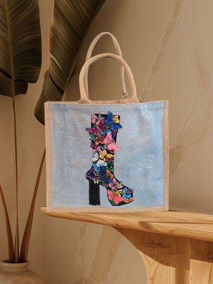 Wings of Style Butterfly Boot Tote Bag.  Black boot covered in 3D butterflies. and beaded heel.
