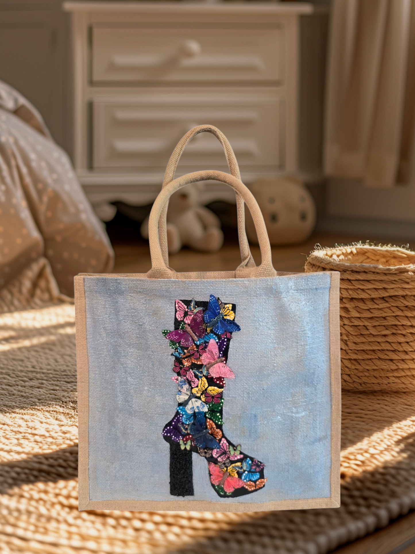 Wings of Style Butterfly Boot Tote Bag.  Black boot covered in 3D butterflies. and beaded heel.