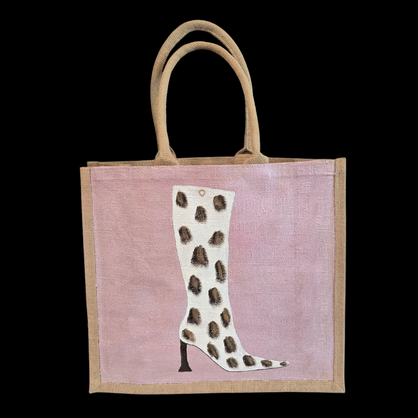 Cow Print Boot Tote Bag.  Brown, black and gold cow print on white boot set on metallic light pink background.