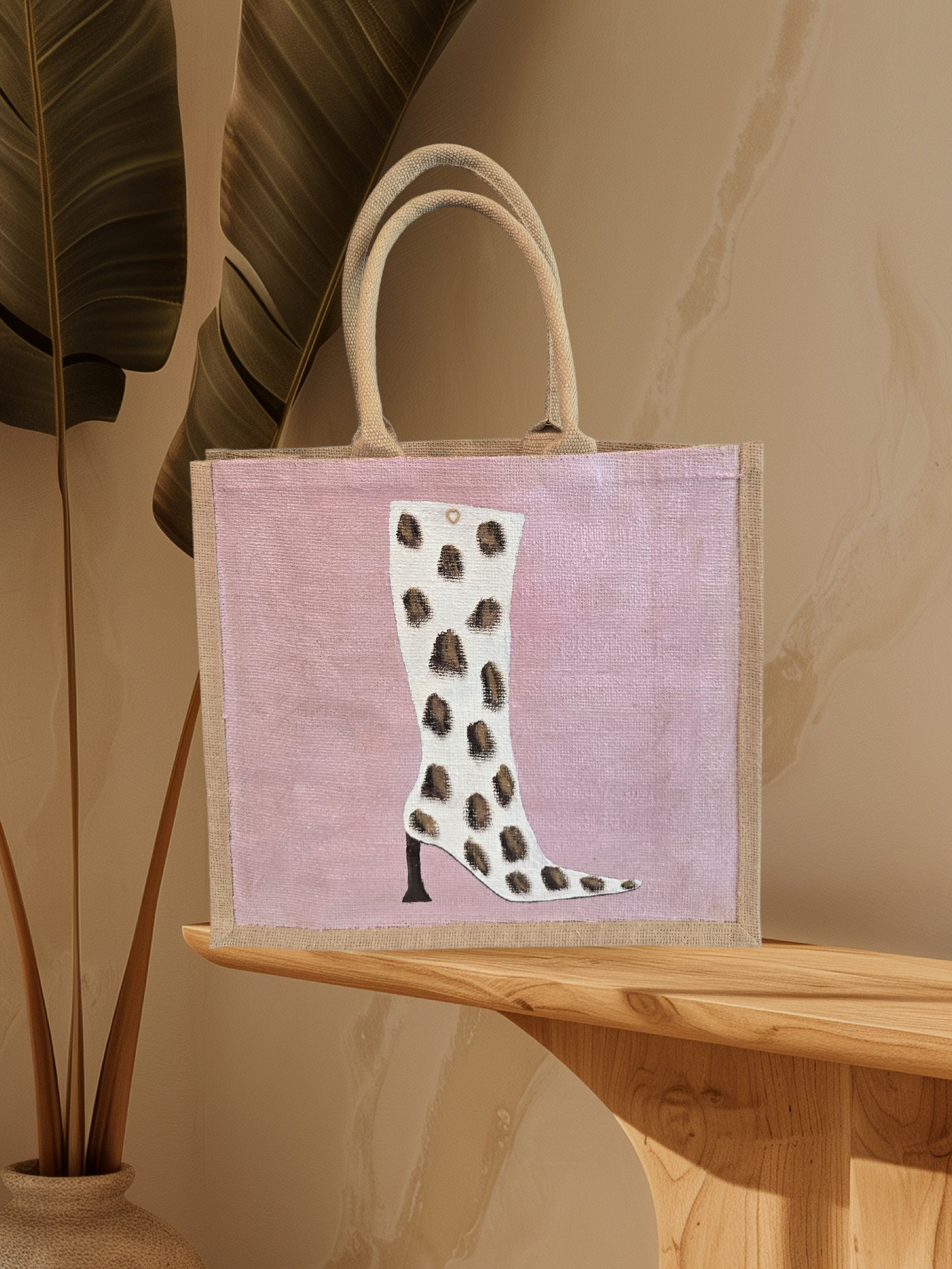 Cow Print Boot Tote Bag.  Brown, black and gold cow print on white boot set on metallic light pink background.