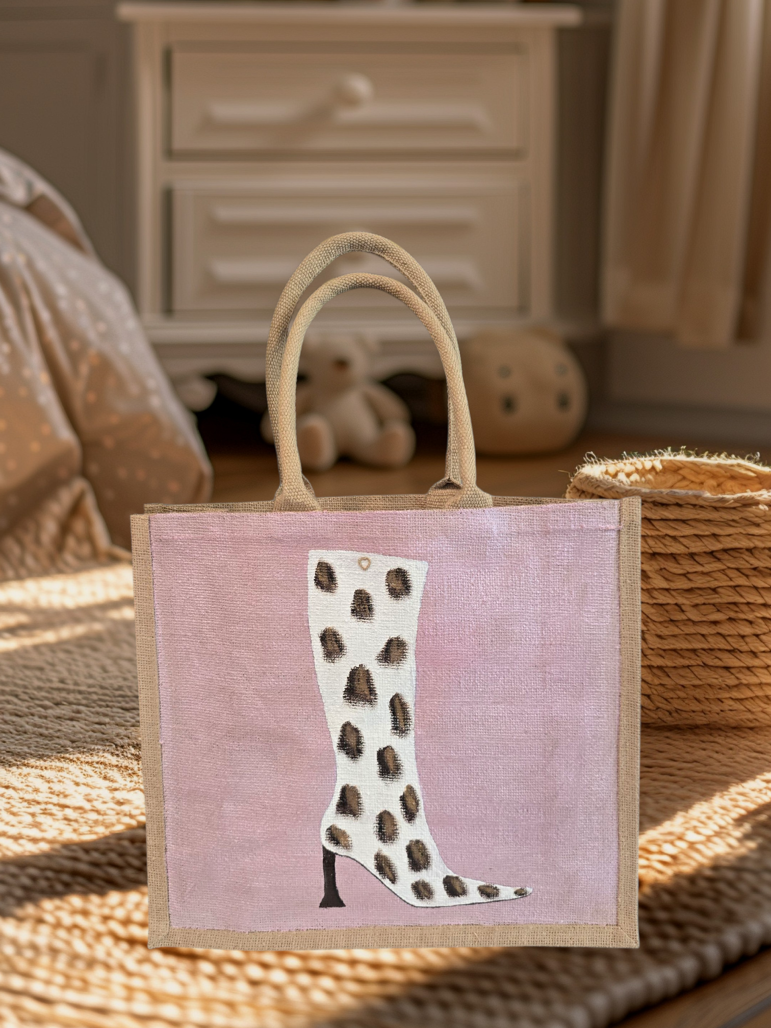 Cow Print Boot Tote Bag.  Brown, black and gold cow print on white boot set on metallic light pink background.