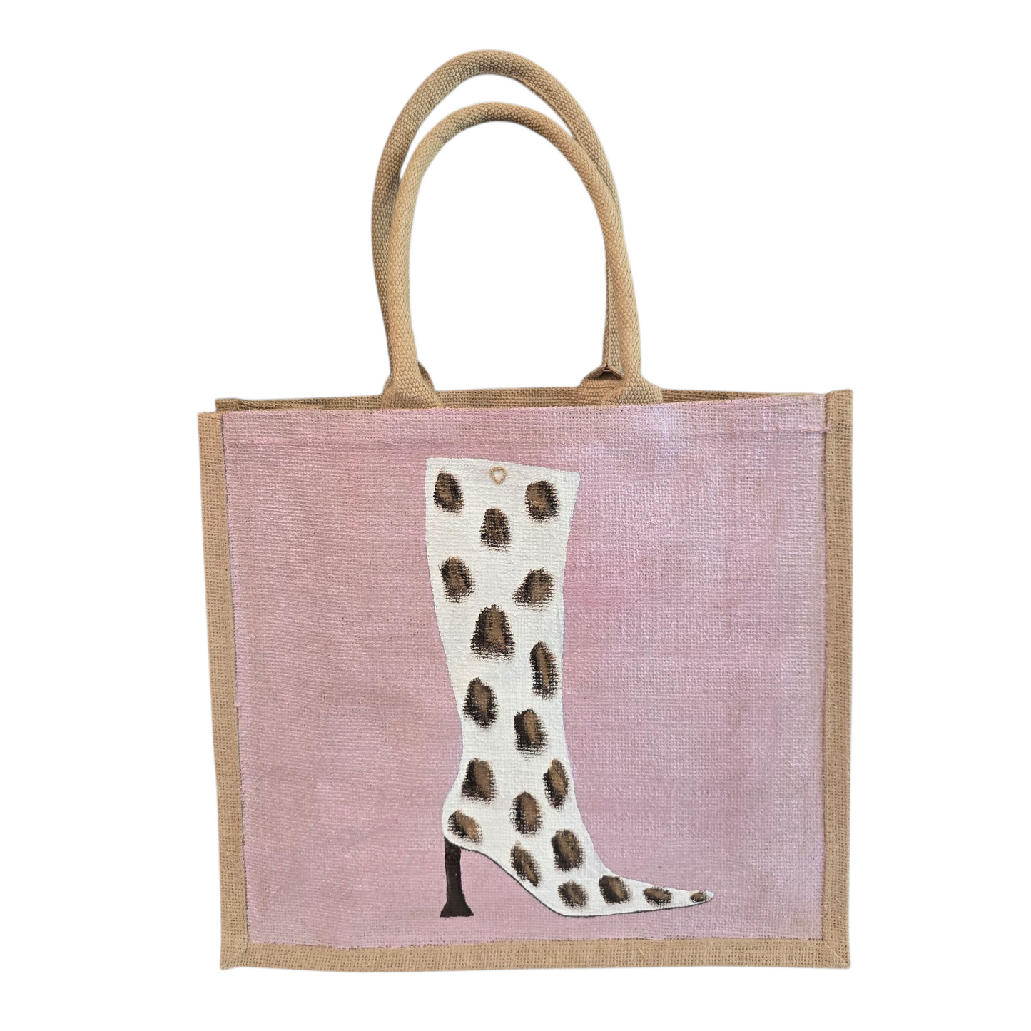 Cow Print Boot Tote Bag.  Brown, black and gold cow print on white boot set on metallic light pink background.
