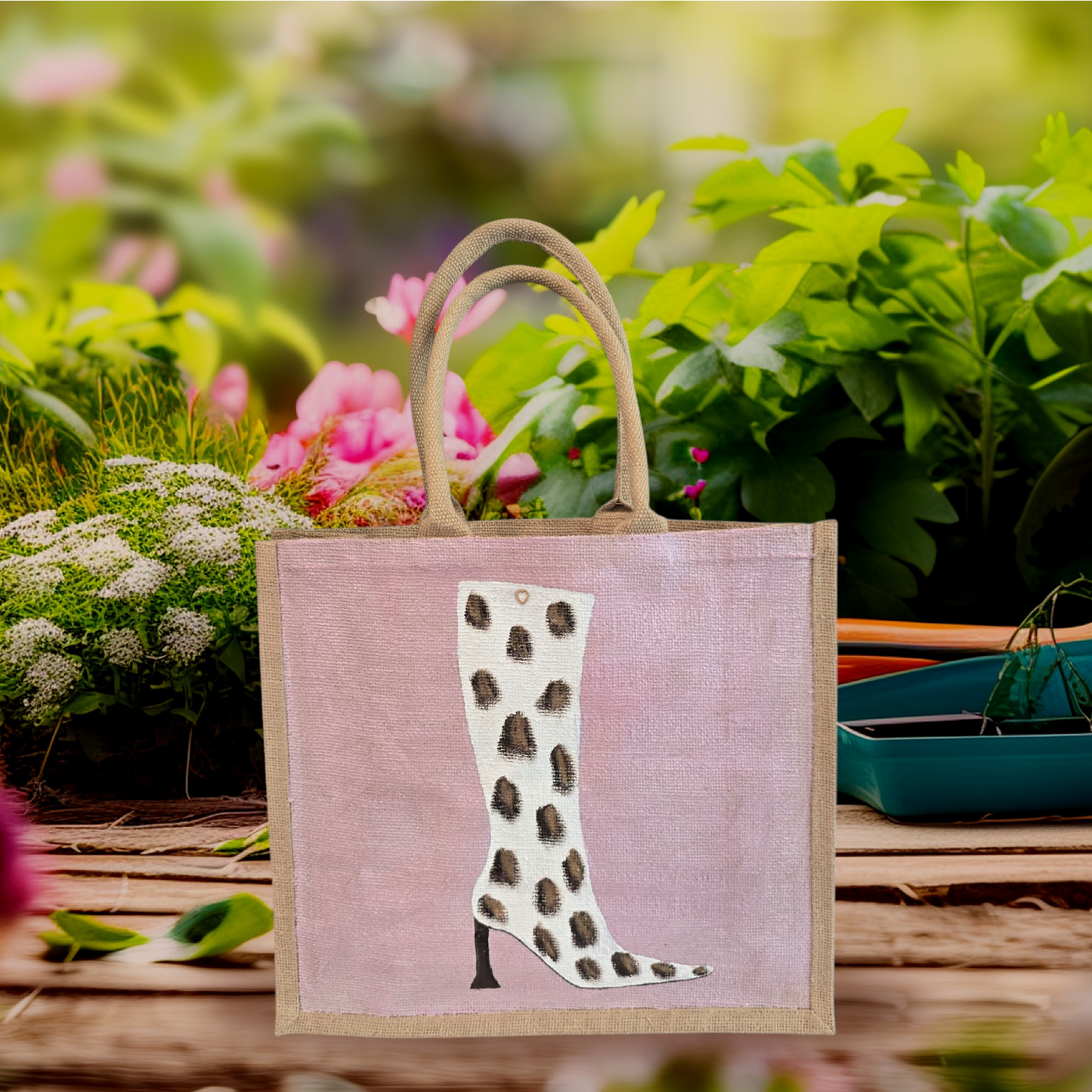 Cow Print Boot Tote Bag.  Brown, black and gold cow print on white boot set on metallic light pink background.