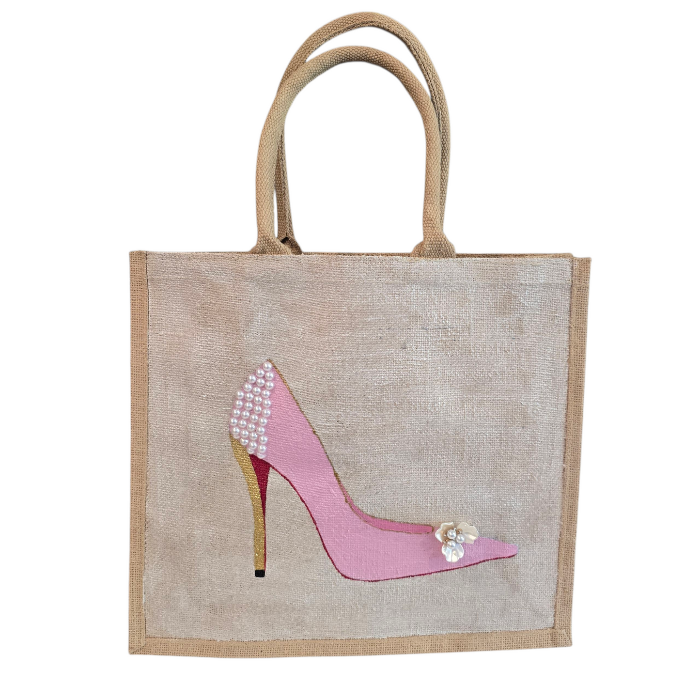 Pink Stiletto hand painted on jute tote bag embellished with jewels and pearls on an off white metallic background.