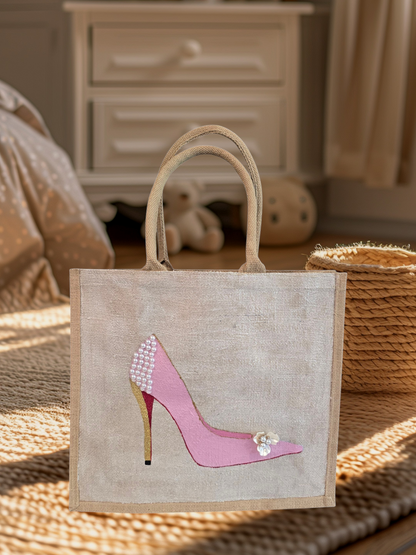 Pink Stiletto hand painted on jute tote bag embellished with jewels and pearls on an off white metallic background.
