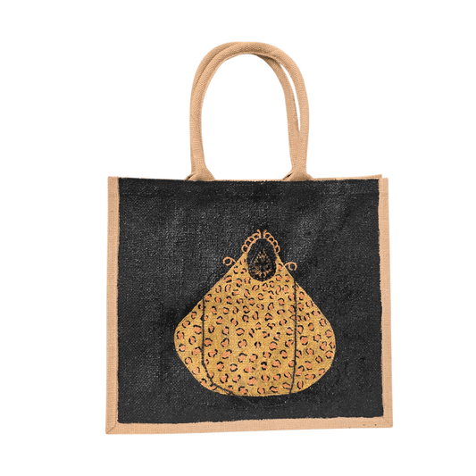 Hand-painted black jute purse tote with gold leopard design and chain handles