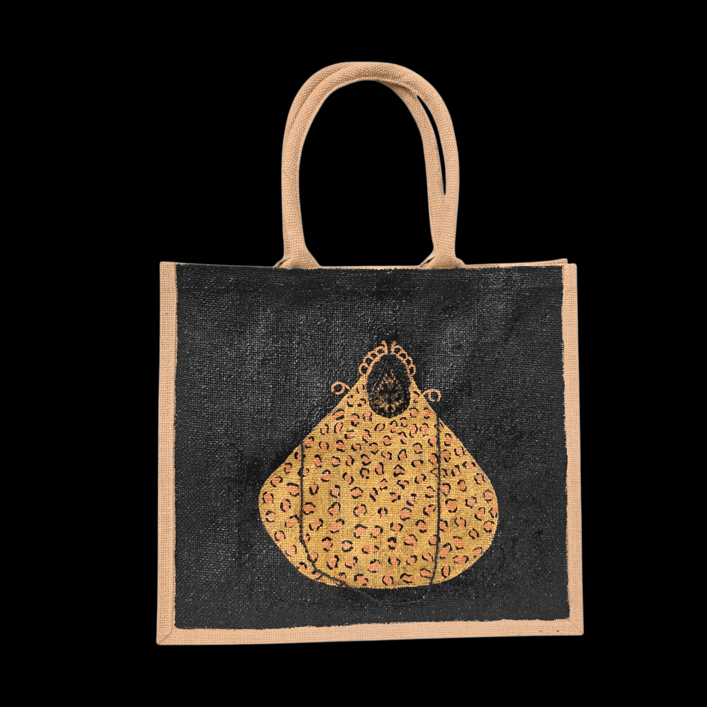 Hand-painted black jute purse tote with gold leopard design and chain handles