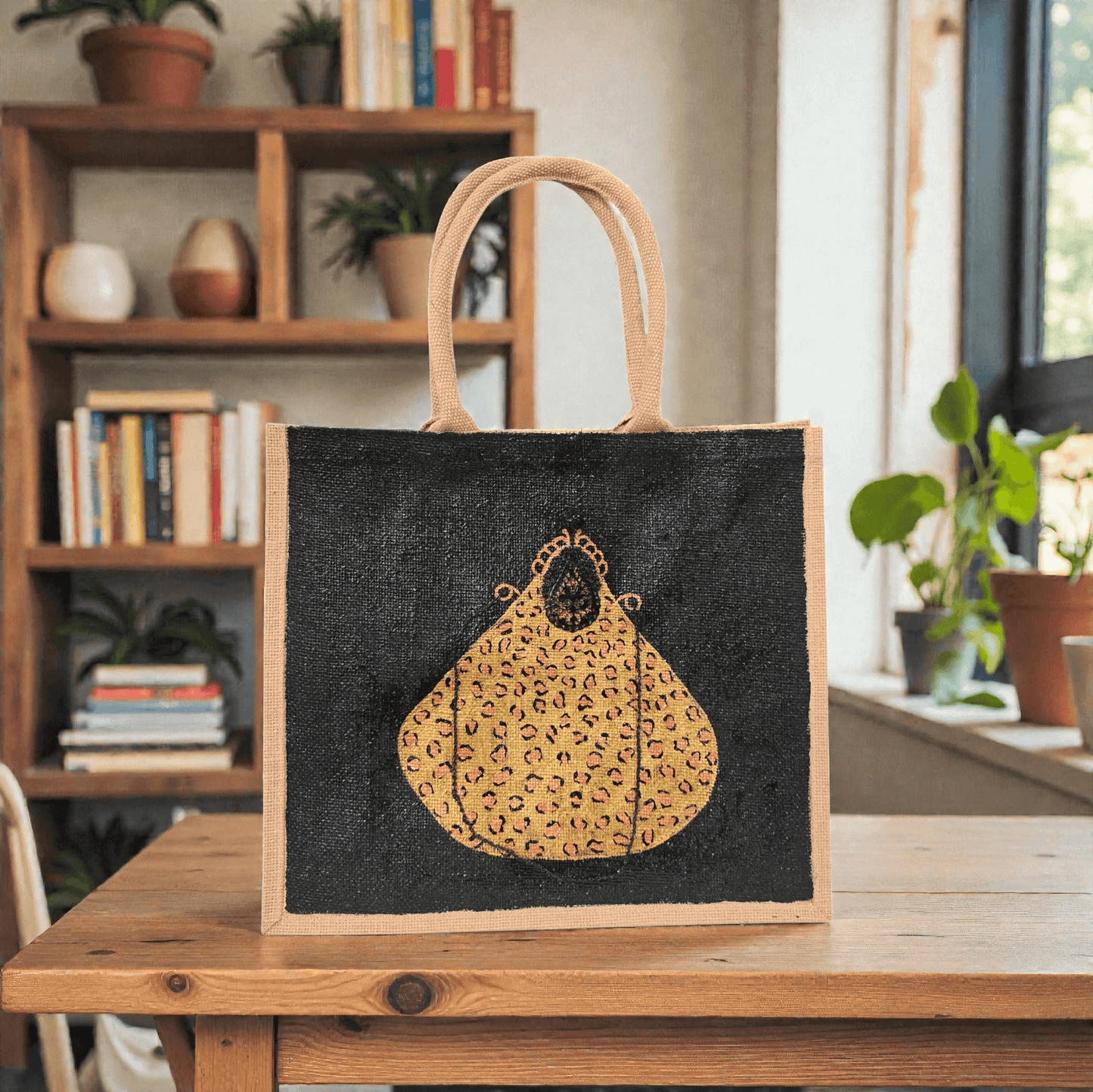 Hand-painted black jute purse tote with gold leopard design and chain handles
