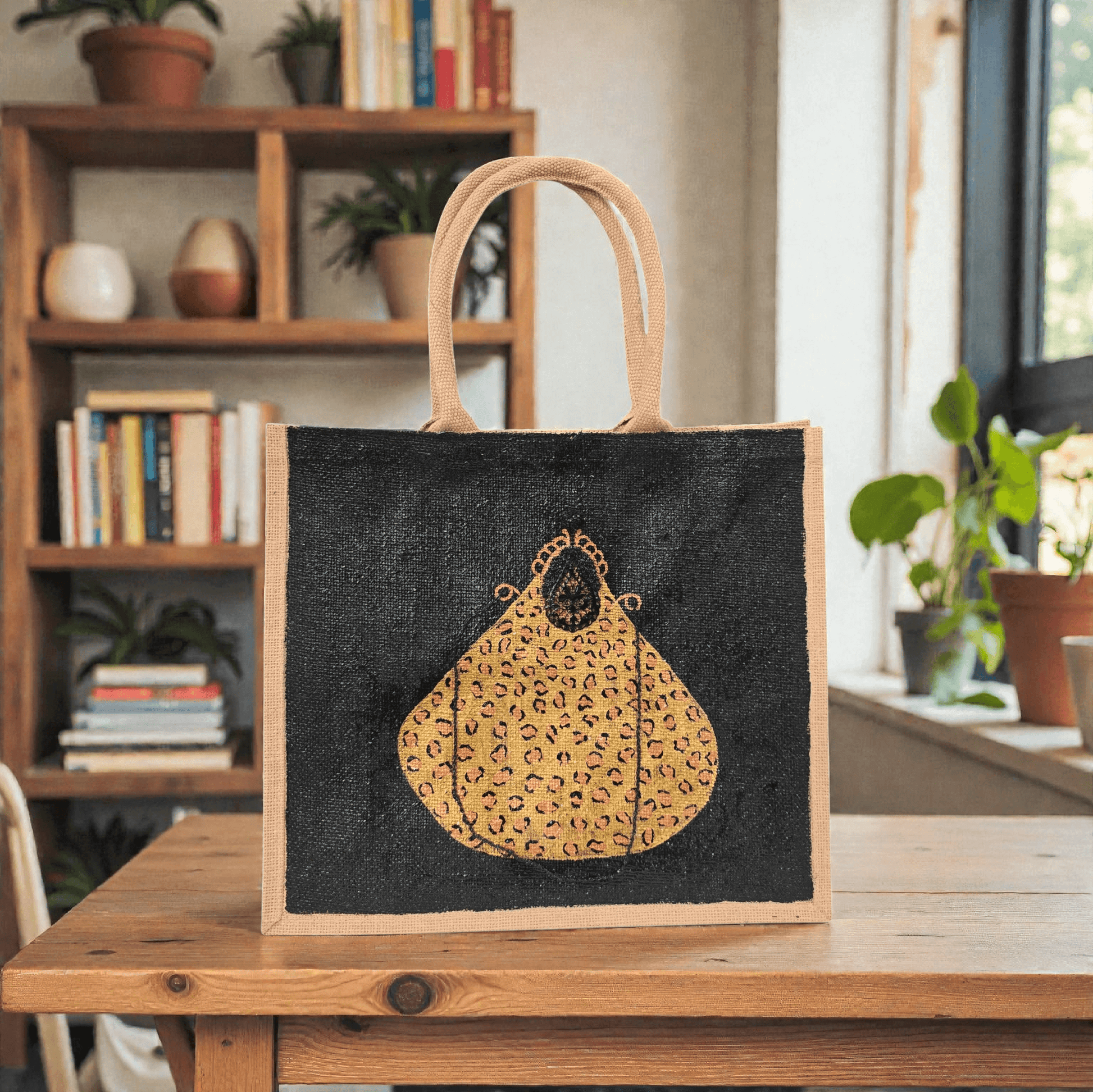 Hand-painted black jute purse tote with gold leopard design and chain handles