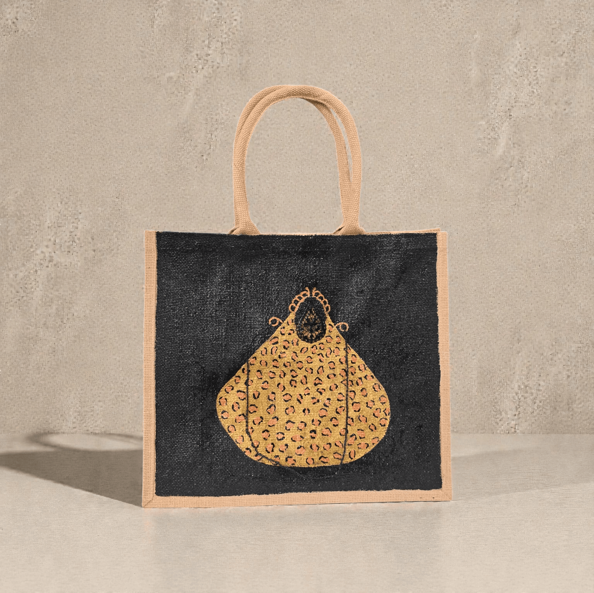 Hand-painted black jute purse tote with gold leopard design and chain handles