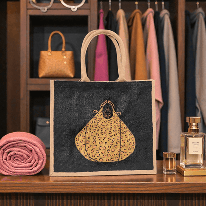 Hand-painted black jute purse tote with gold leopard design and chain handles