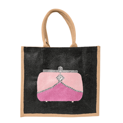 Pink jeweled purse design hand-painted on black jute tote bag