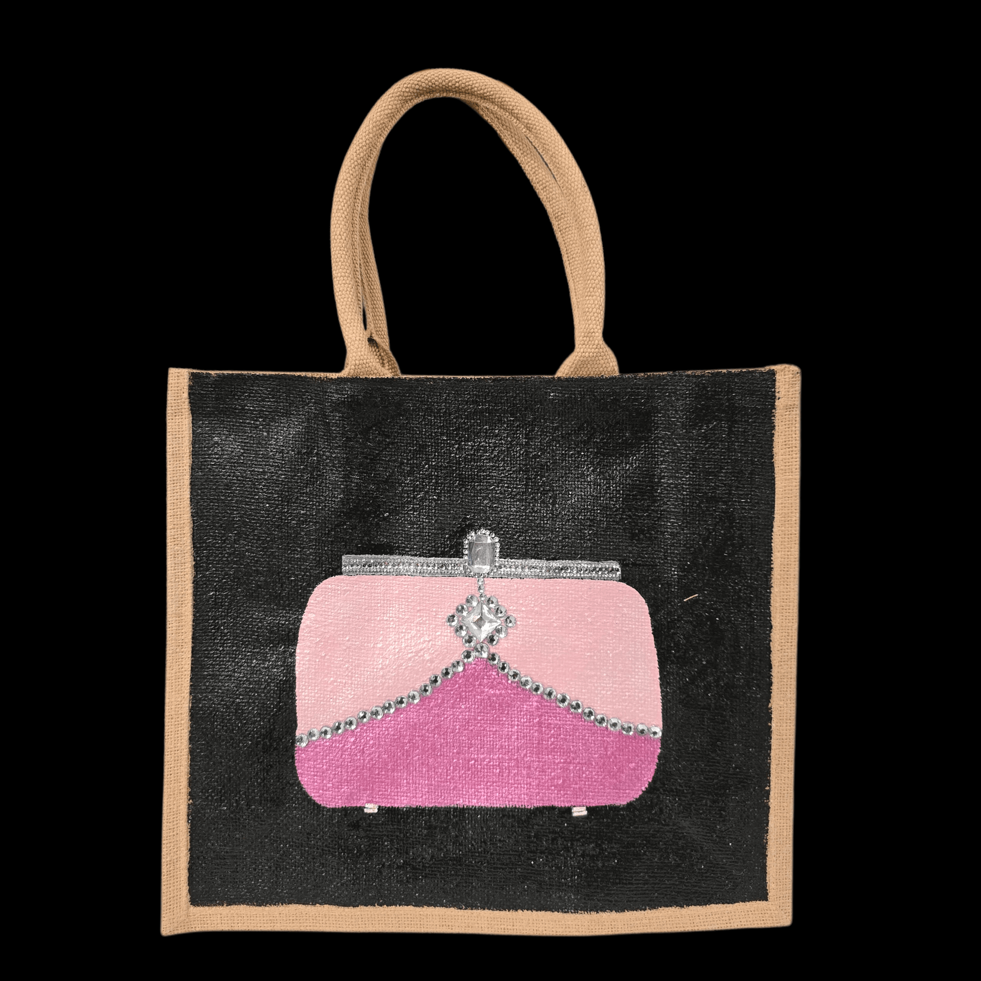 Pink jeweled purse design hand-painted on black jute tote bag