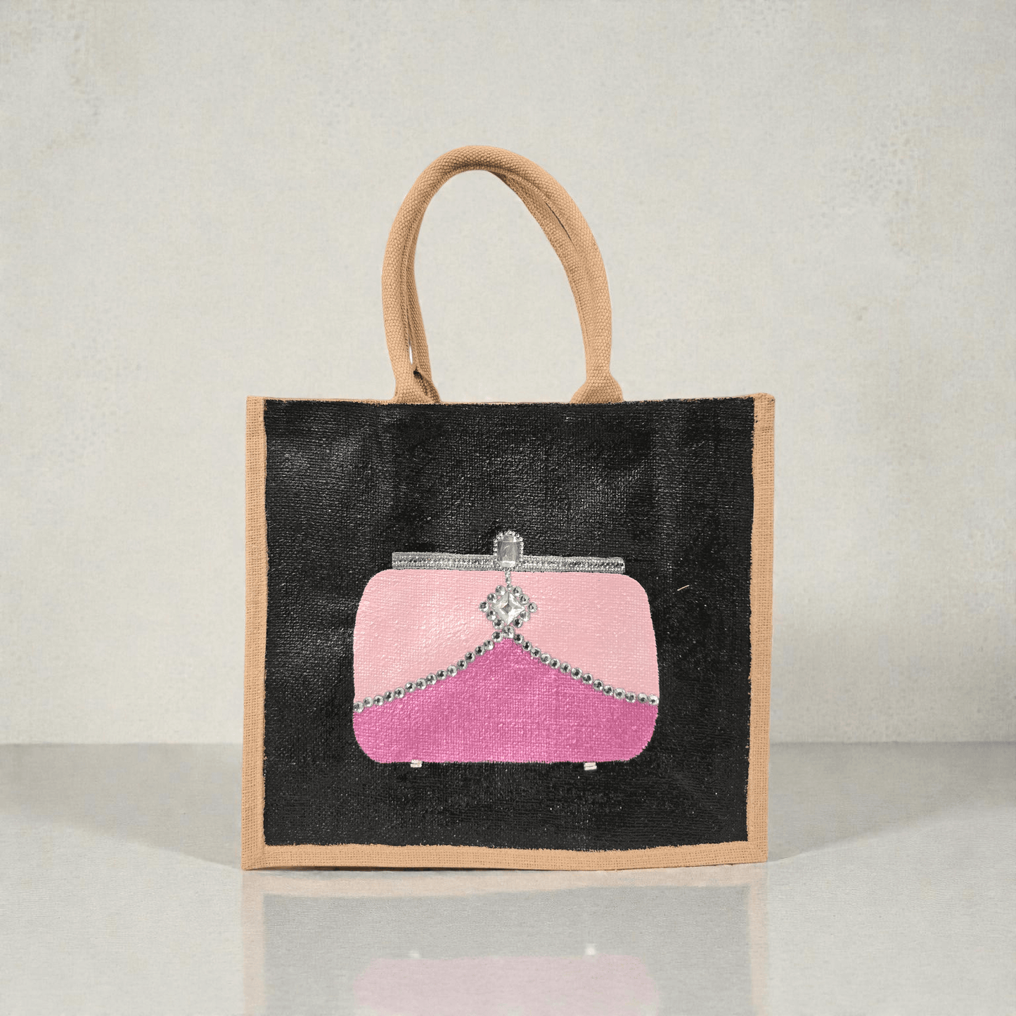 Pink jeweled purse design hand-painted on black jute tote bag