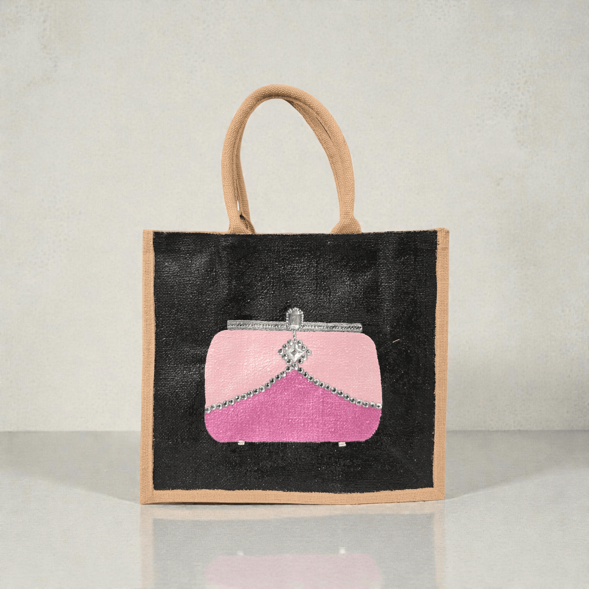 Pink jeweled purse design hand-painted on black jute tote bag
