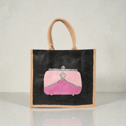 Pink jeweled purse design hand-painted on black jute tote bag