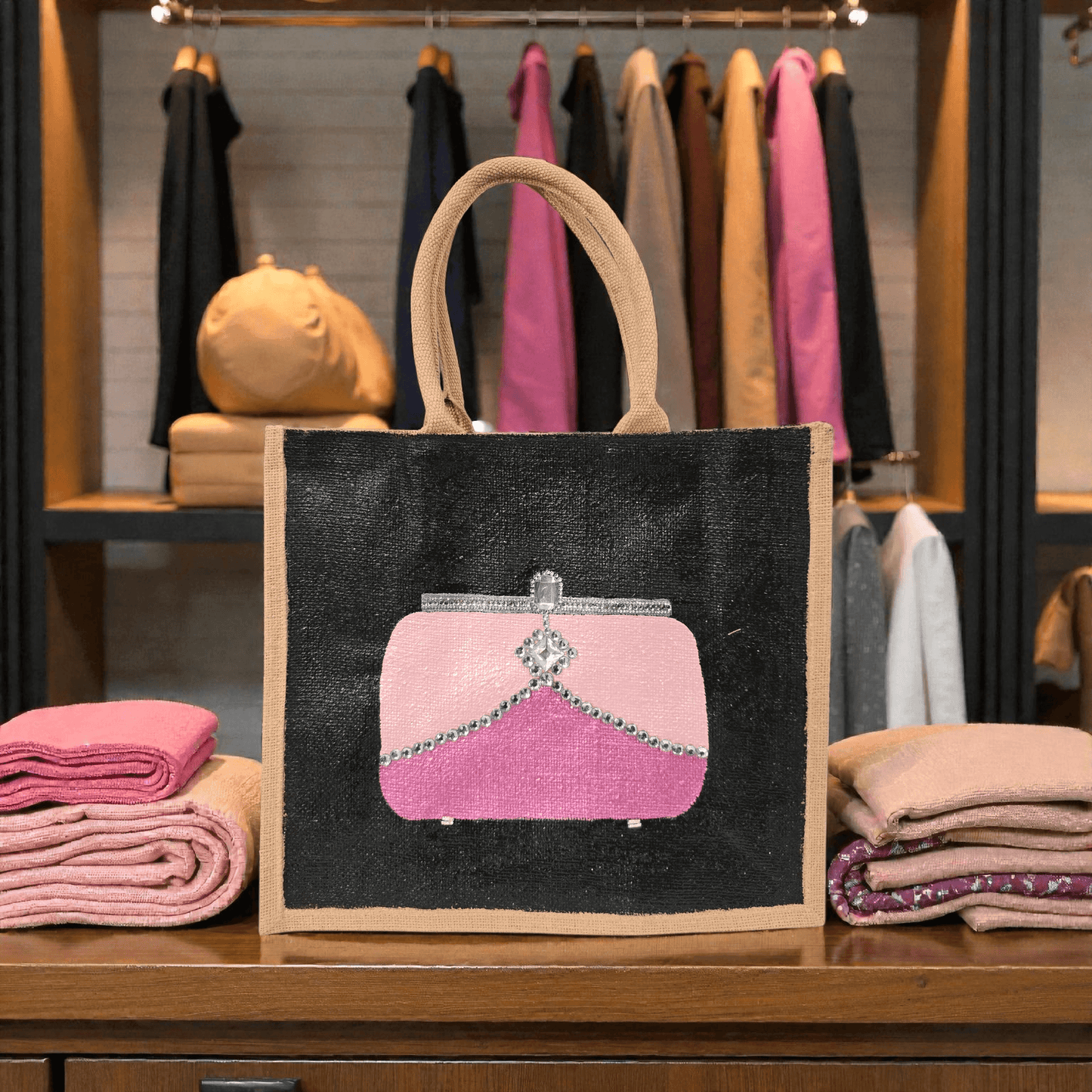 Pink jeweled purse design hand-painted on black jute tote bag