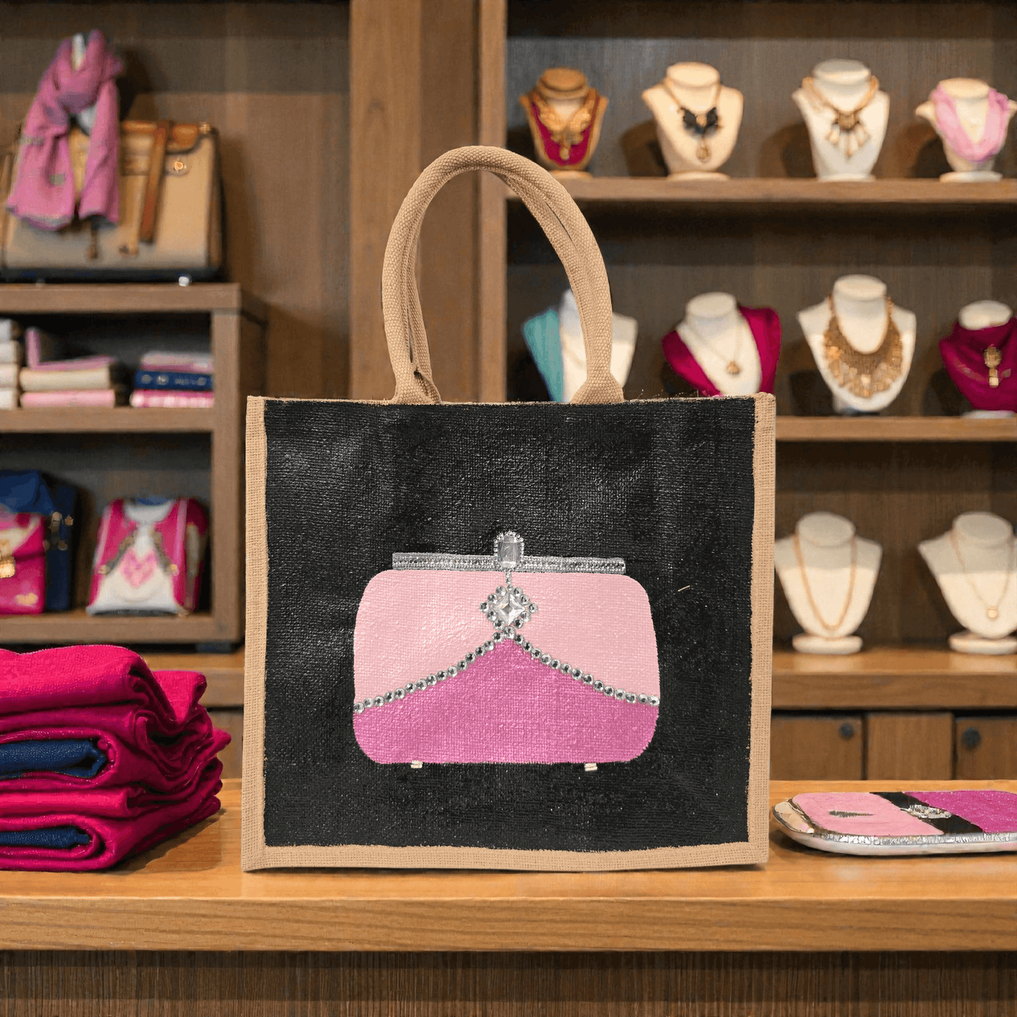Pink jeweled purse design hand-painted on black jute tote bag