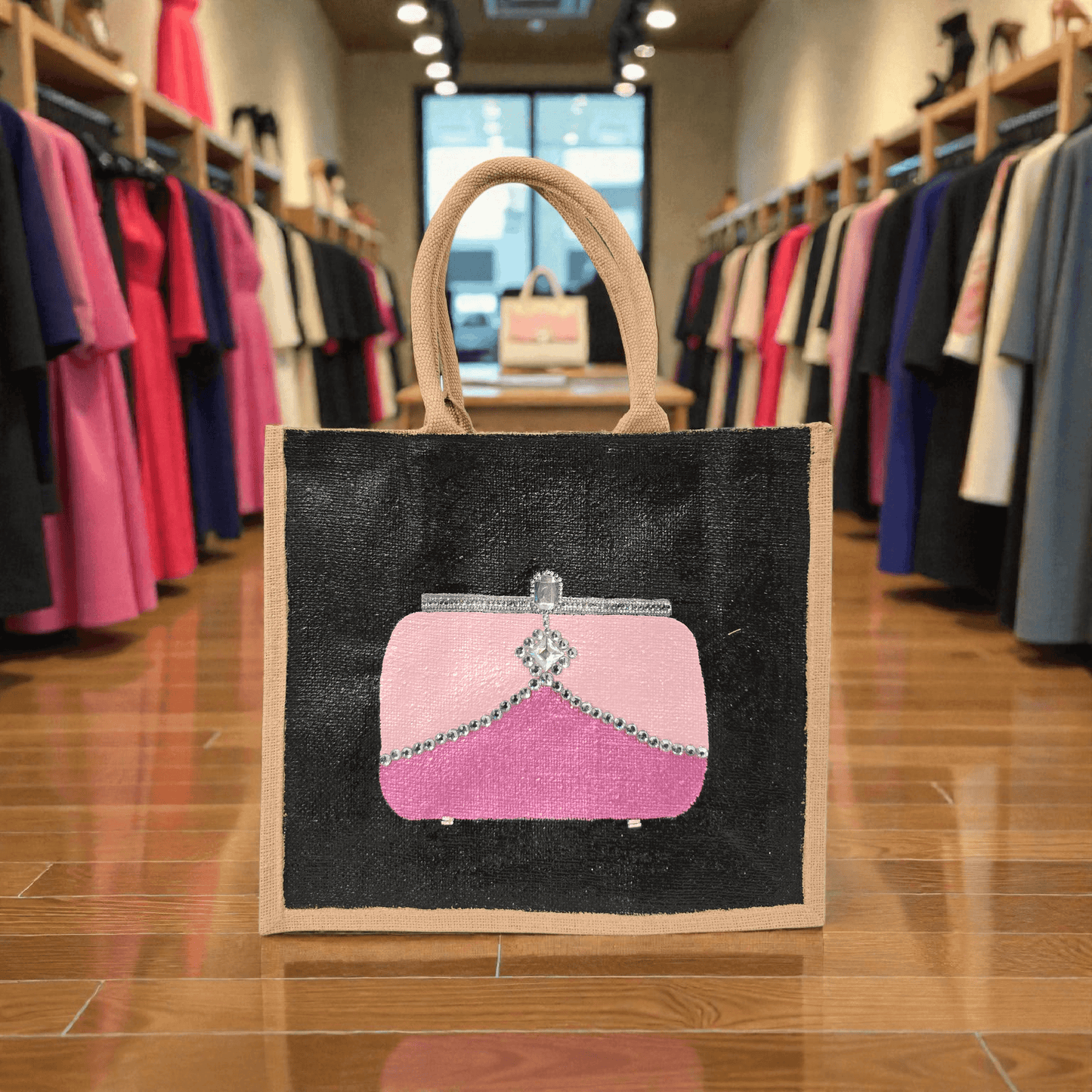 Pink jeweled purse design hand-painted on black jute tote bag