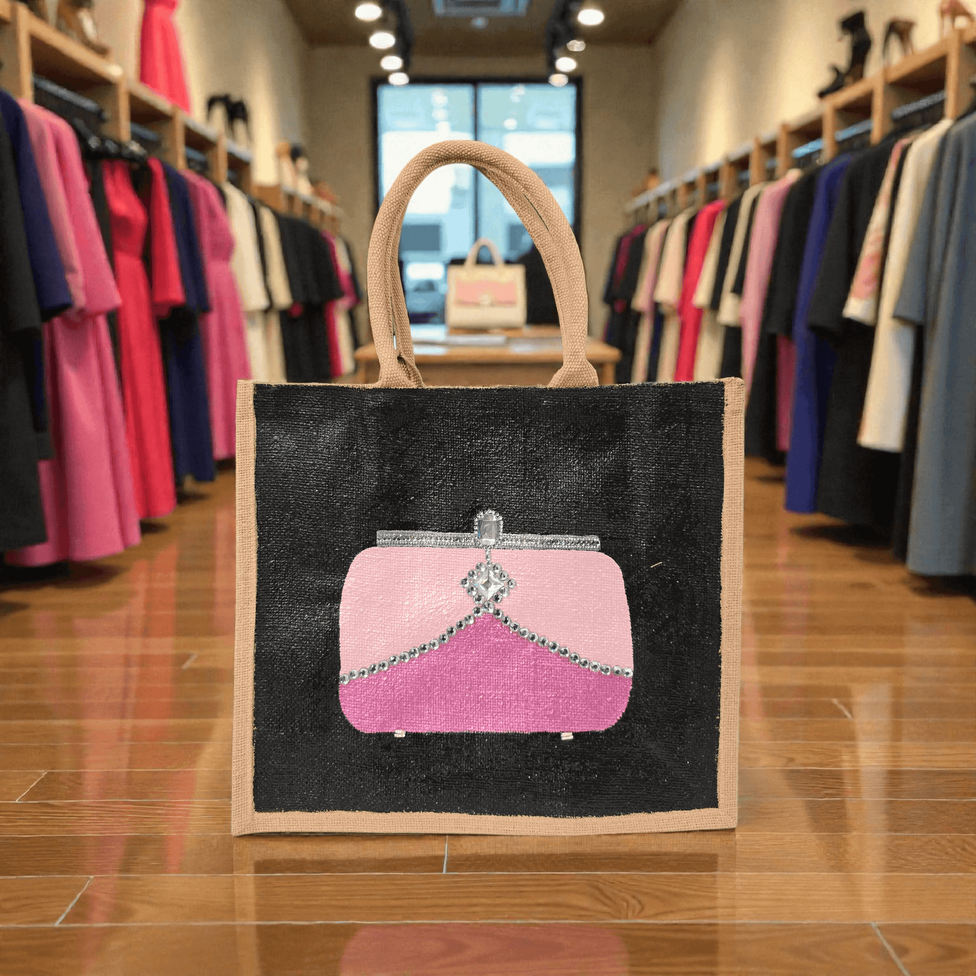 Pink jeweled purse design hand-painted on black jute tote bag