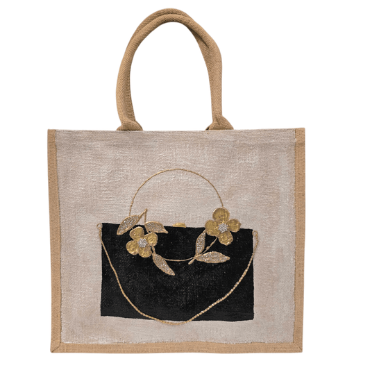 Jute bag with black purse design and floral embellishments on a white background