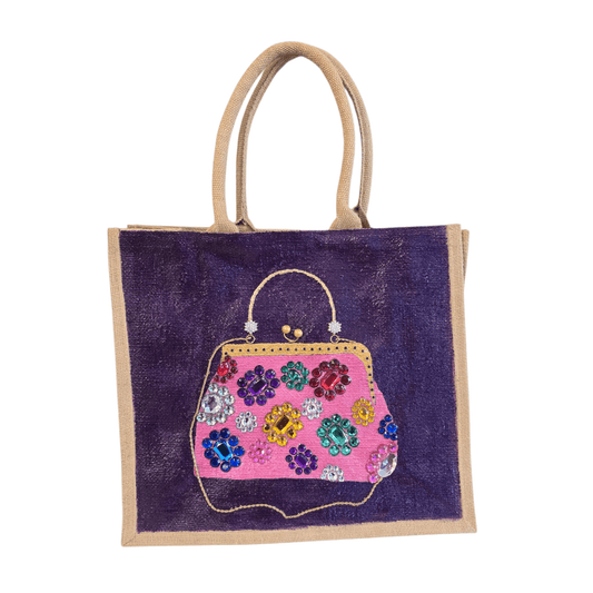Hand-painted floral jewel purse tote on purple jute with multicolor rhinestone flowers