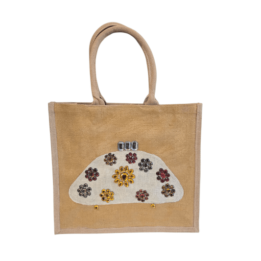 Hand Painted and Embellished Ivory Purse on Gold Jute Tote Bag Embellished with jewels.