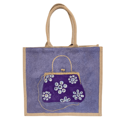Hand-painted amethyst jewel purse tote on purple jute bag