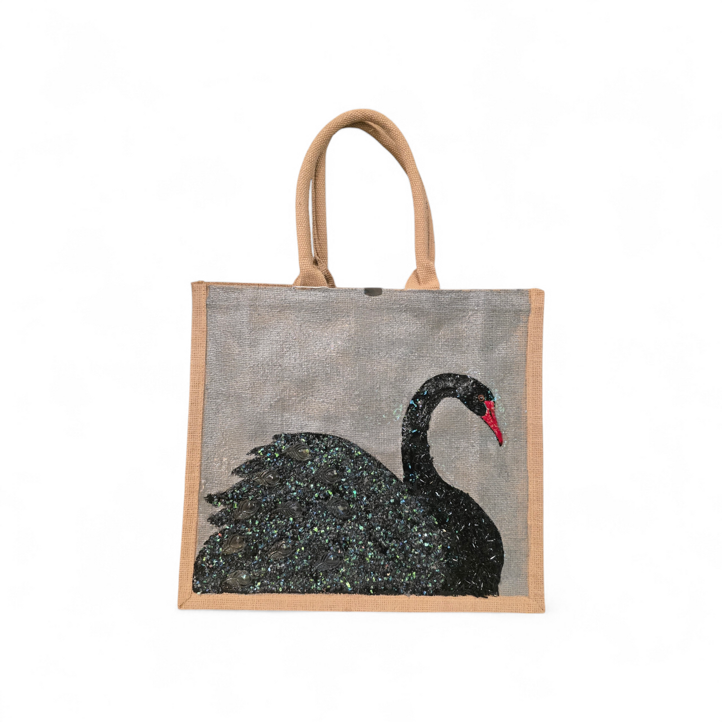 Hand painted and embellished black swan tote bag by Dana's Uncommon Glass