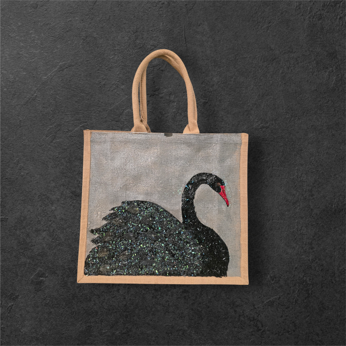 Hand painted and embellished black swan tote bag by Dana's Uncommon Glass