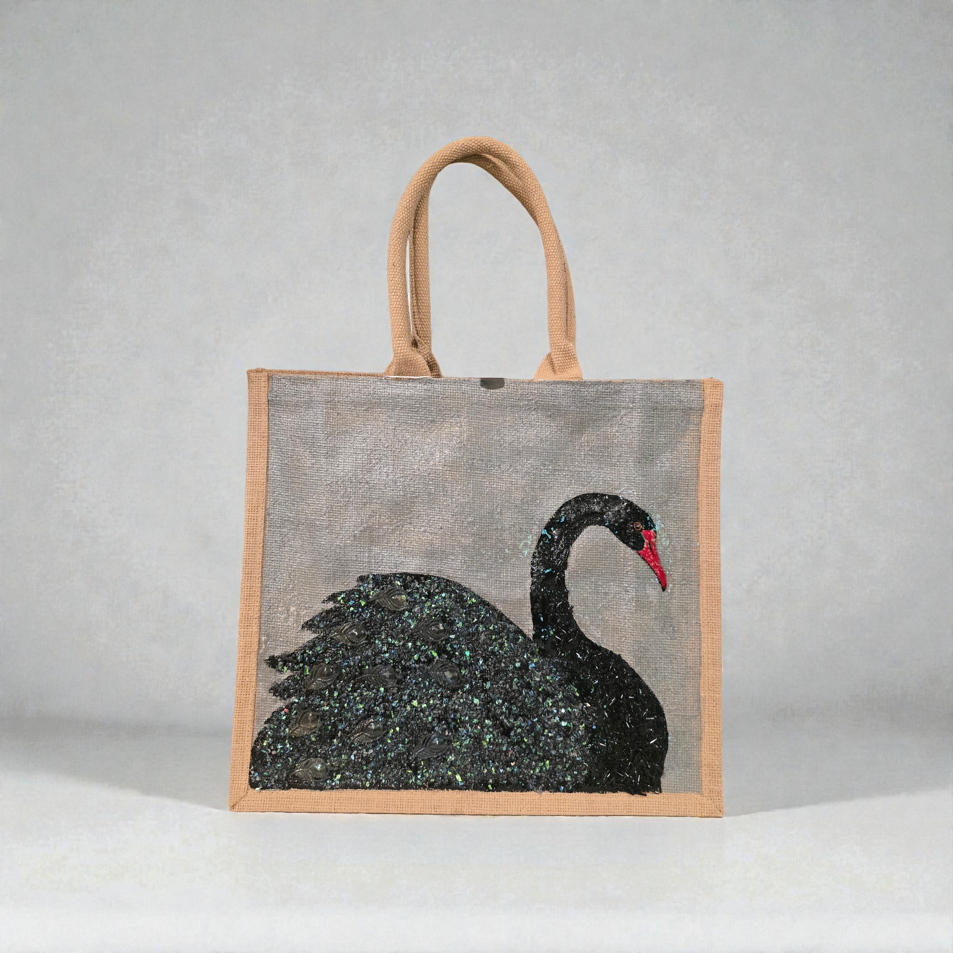 Hand painted and embellished black swan tote bag by Dana's Uncommon Glass