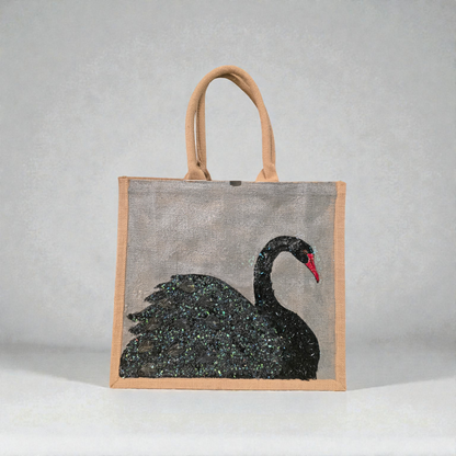 Hand painted and embellished black swan tote bag by Dana's Uncommon Glass