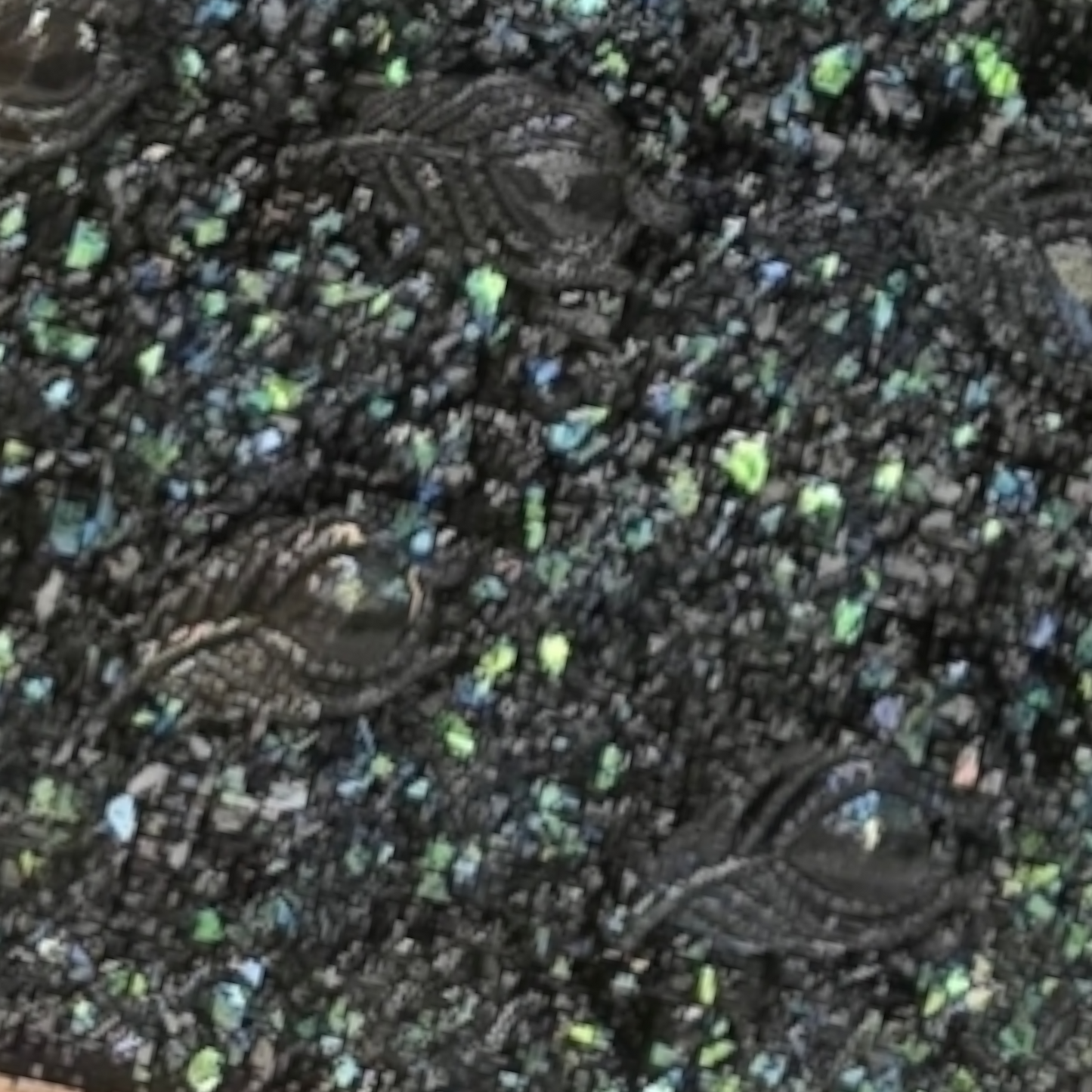 close up of Hand painted and embellished black swan tote bag by Dana's Uncommon Glass