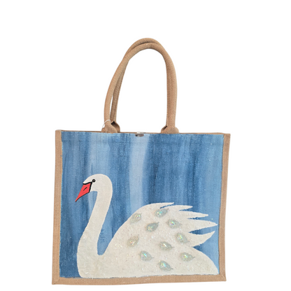 Hand Painted and embellished white swan tote bag by Dana's Uncommon Glass