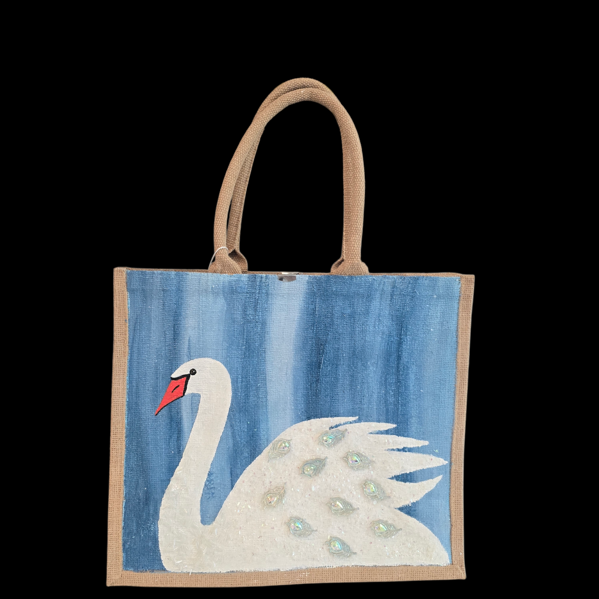 Hand Painted and embellished white swan tote bag by Dana's Uncommon Glass