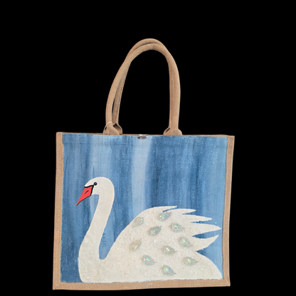 Hand Painted and embellished white swan tote bag by Dana's Uncommon Glass