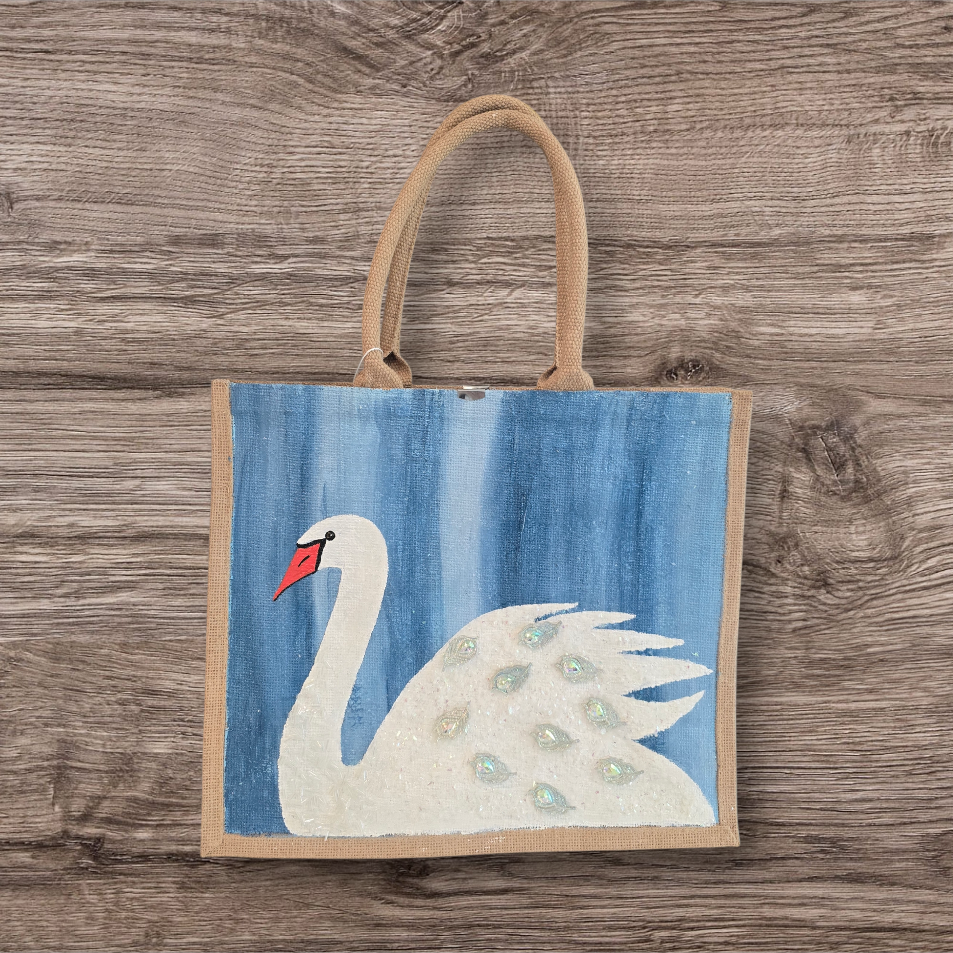 Hand Painted and embellished white swan tote bag by Dana's Uncommon Glass