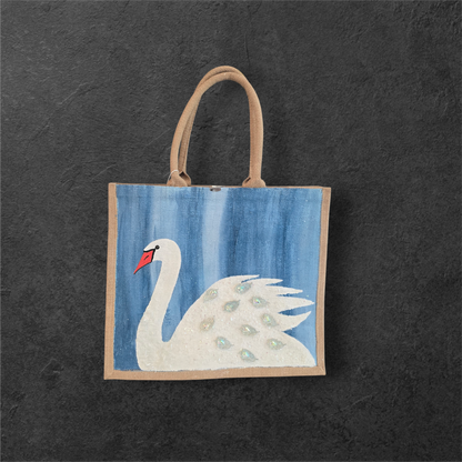 Hand Painted and embellished white swan tote bag by Dana's Uncommon Glass