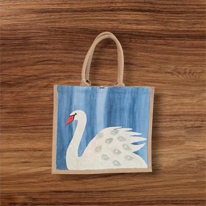 Hand Painted and embellished white swan tote bag by Dana's Uncommon Glass