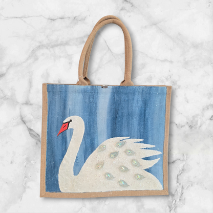 Hand Painted and embellished white swan tote bag by Dana's Uncommon Glass