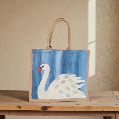 Hand Painted and embellished white swan tote bag by Dana's Uncommon Glass