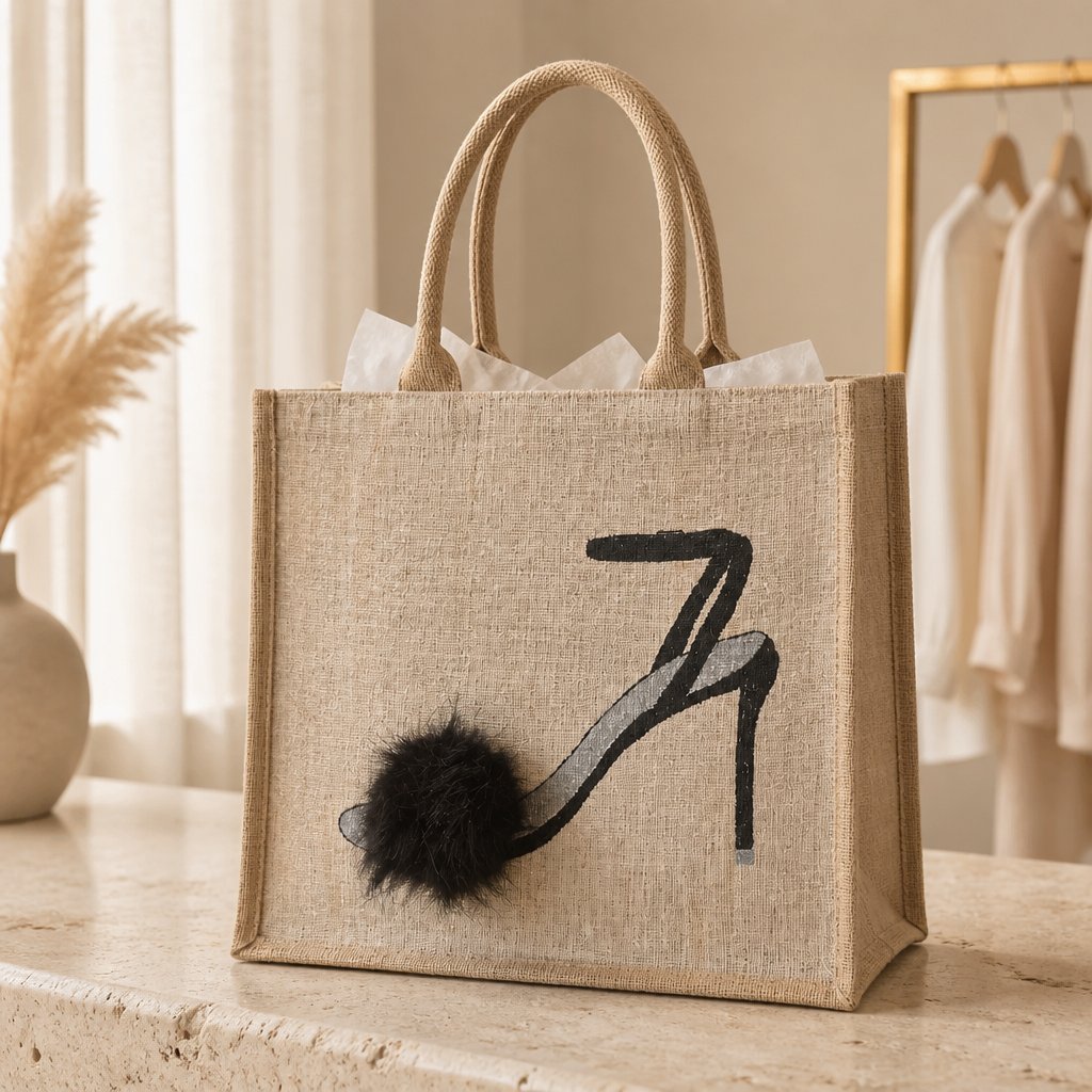 Hand-painted jute tote bag featuring a black strappy high heel sandal with a soft black fur pom accent on a neutral textured background. The tote has natural woven handles and a chic, fashion-inspired design with minimalist black and beige tones.