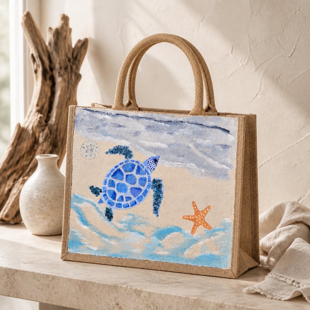 Hand-painted jute tote bag featuring a blue sea turtle swimming through ocean waves with a starfish and soft coastal sky background. Beach-inspired artisan tote with natural rope handles and calming seaside colors.