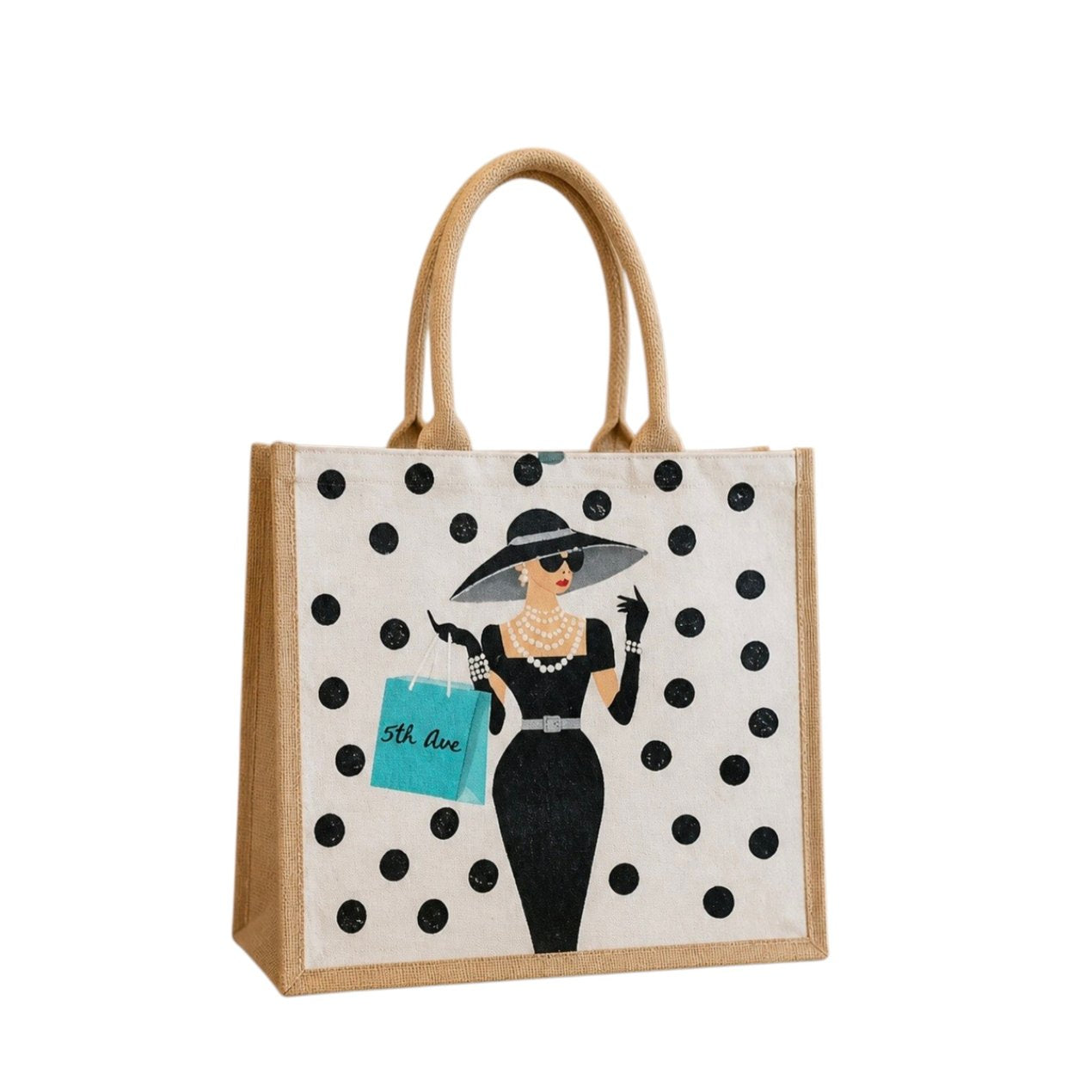 Hand-painted jute tote bag featuring a stylish woman in a black dress and wide-brim hat with pearl jewelry, black polka dot background, and turquoise “5th Ave” shopping bag detail.